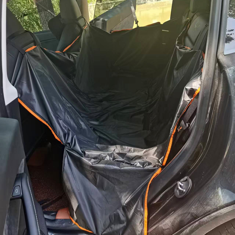 Thin dog car hammock with orange trim (F5) installed in a back seat