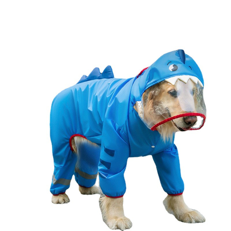 Four-leg dog raincoat with dinosaur hood: worn, white background