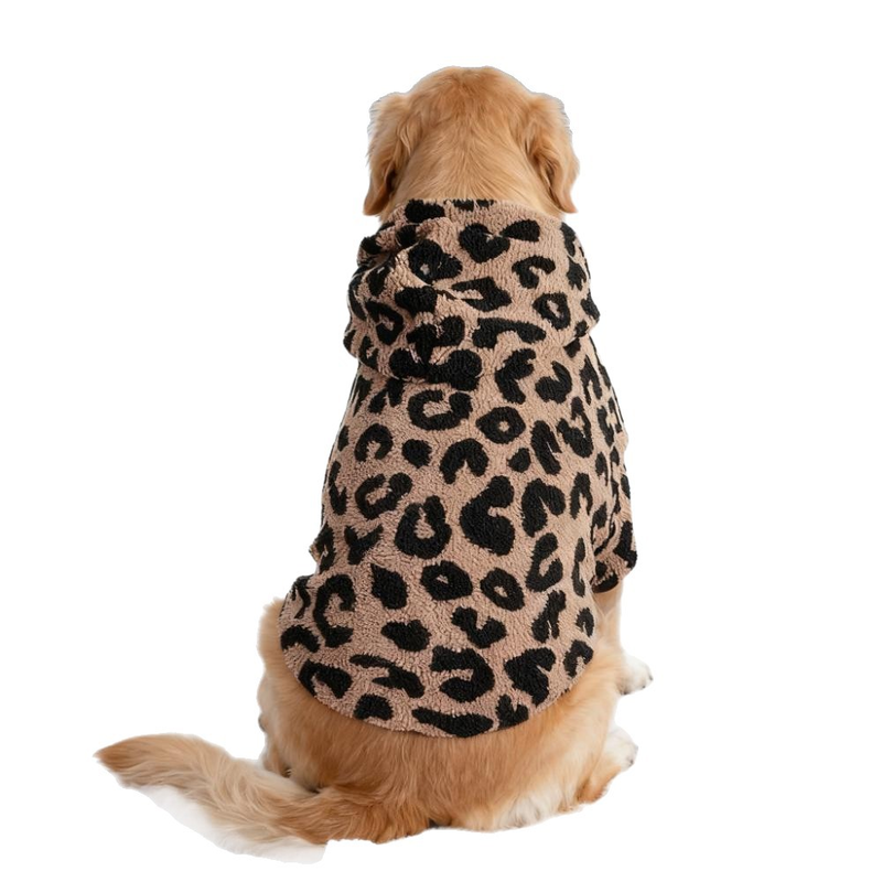 Leopard lamb wool dog hoodie: worn, white background
