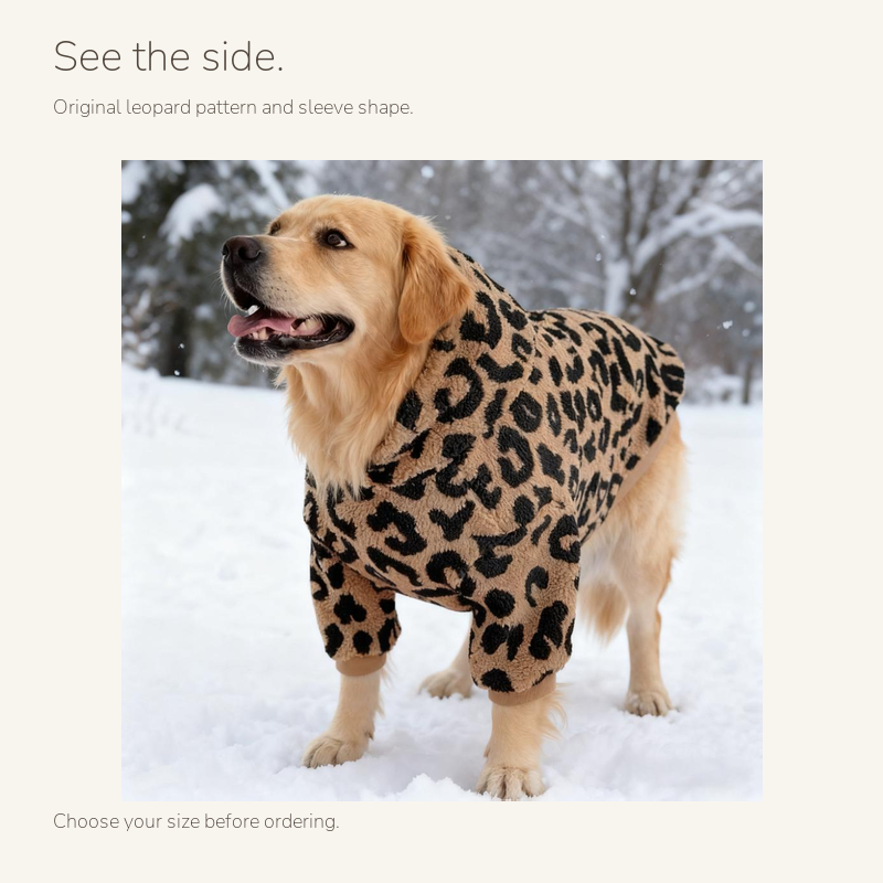 Leopard lamb wool dog hoodie: side view