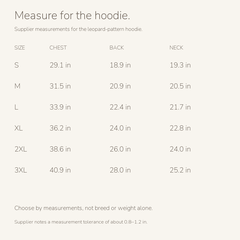 Leopard lamb wool dog hoodie: size guide