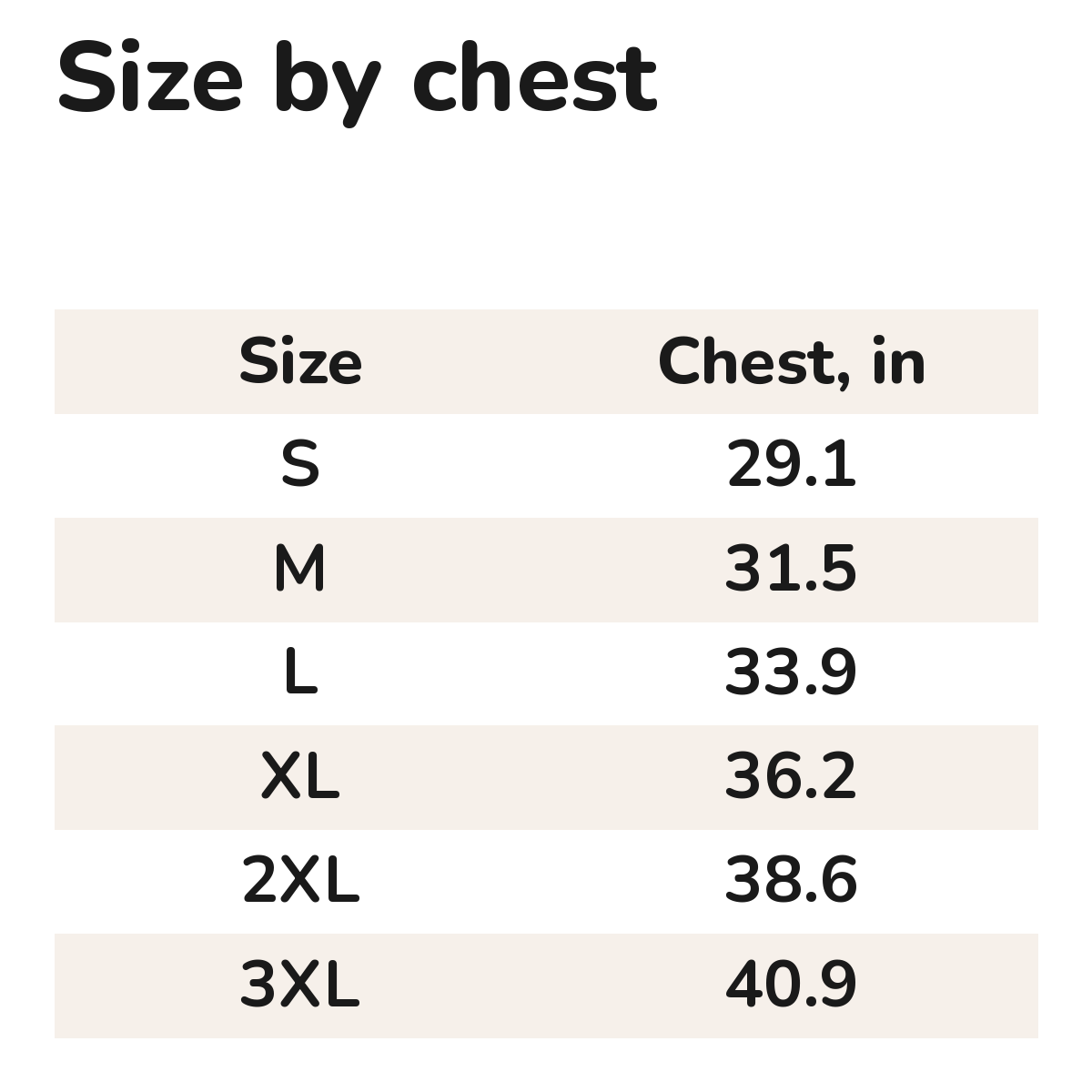 Big Dog Winter Hoodie: size chart by chest in inches
