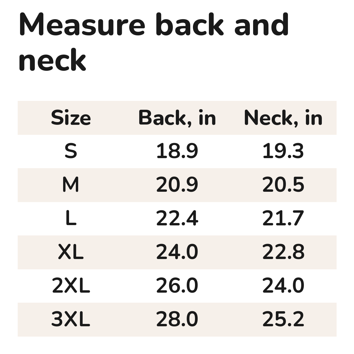 Big Dog Winter Hoodie: size chart, back and neck in inches