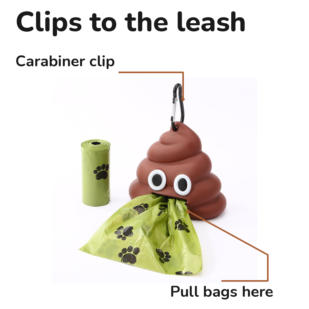 Dog Poop Bag Dispenser: clips to the leash with a carabiner, bags pull from the mouth