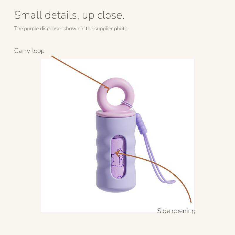 Ring handle poop bag dispenser: labelled details