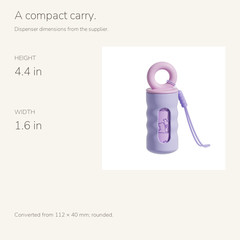 Ring handle poop bag dispenser: size guide