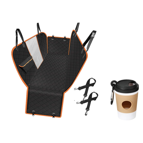 Everything in the car set: the quilted hammock back seat cover with its seat belt tethers and the coffee cup poop bag dispenser, shown together