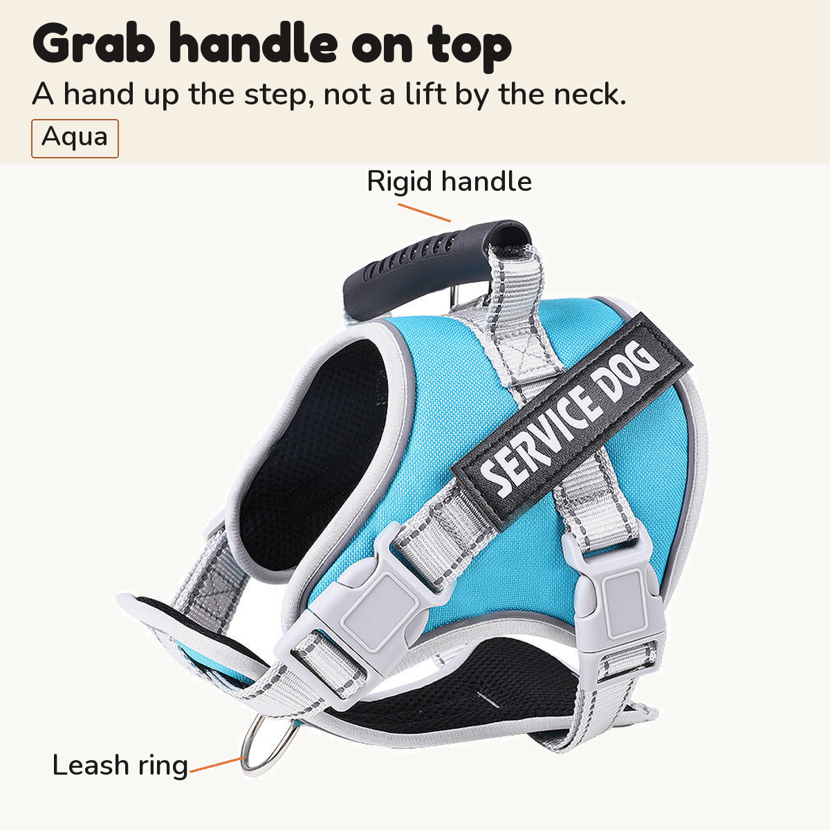 Aqua padded dog harness with callouts for the rigid top handle and the leash ring