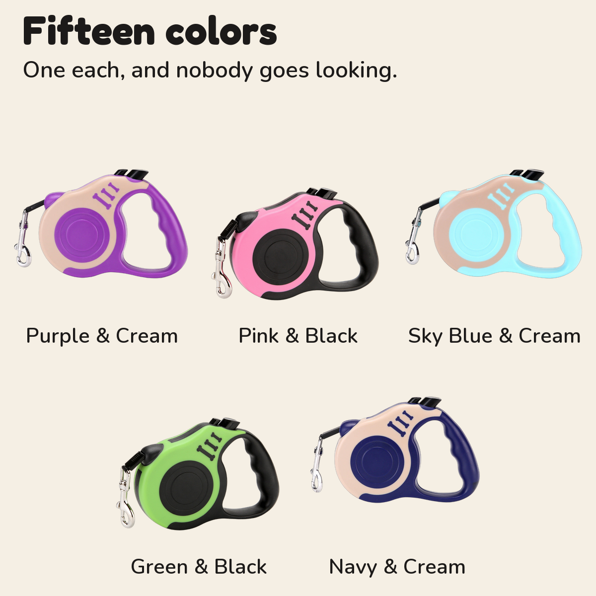 Retractable dog leash colour chart: Purple and Cream, Pink and Black, Sky Blue and Cream, Green and Black, Navy and Cream
