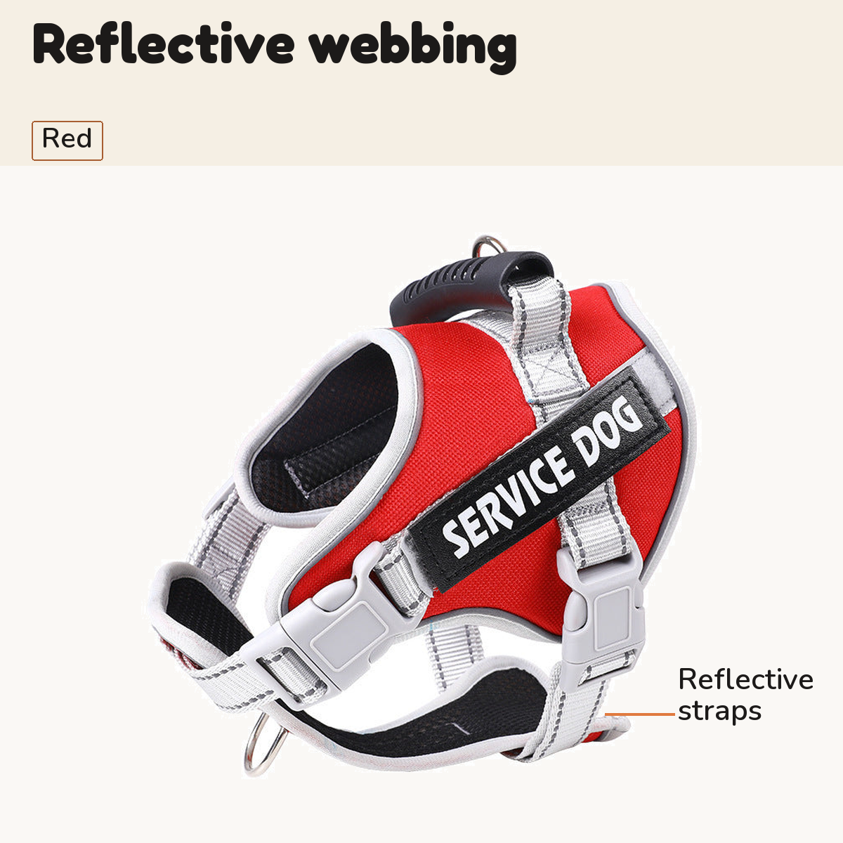 Red padded dog harness with a callout for the reflective straps