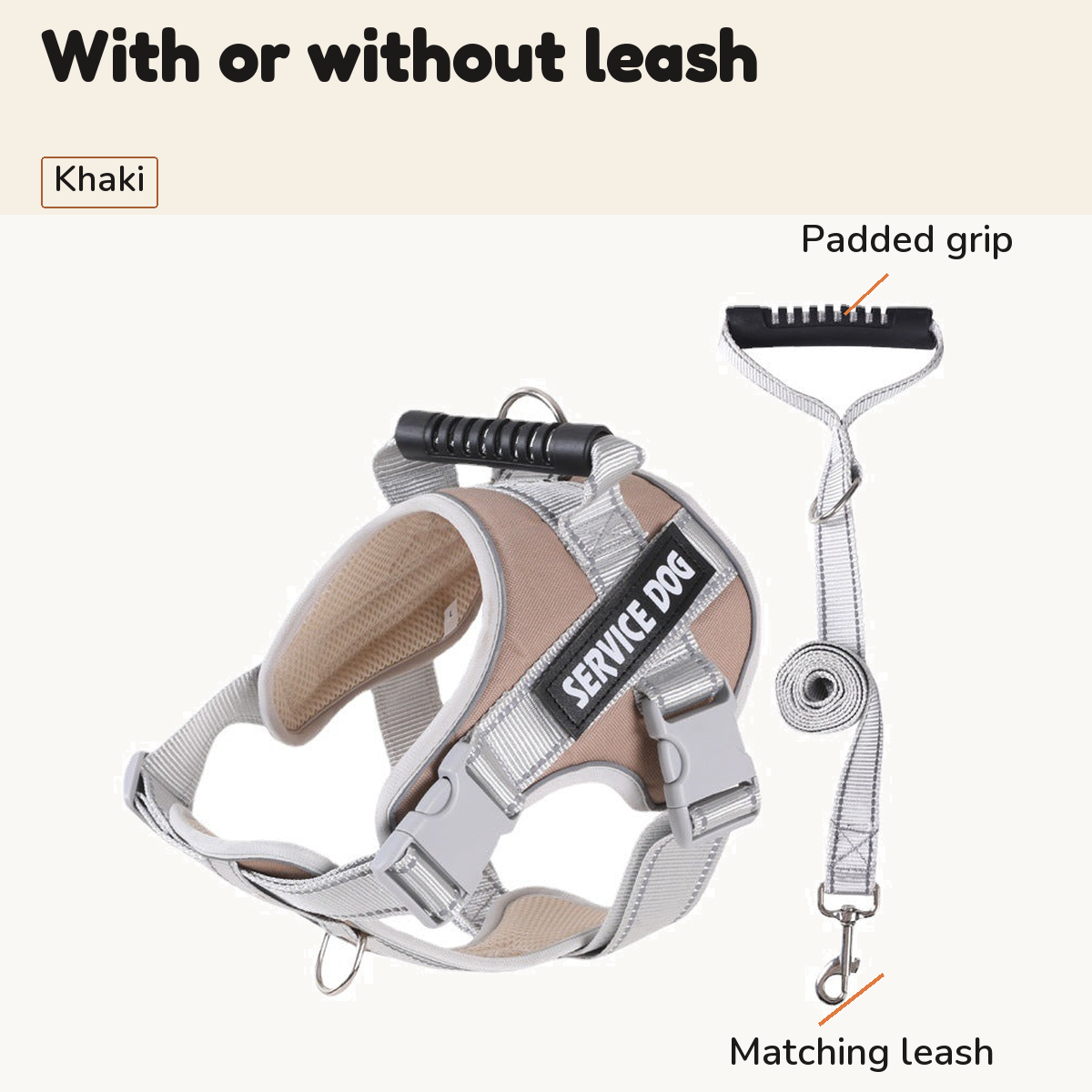 Khaki padded dog harness shown with the matching leash and its padded grip, sold with or without the leash