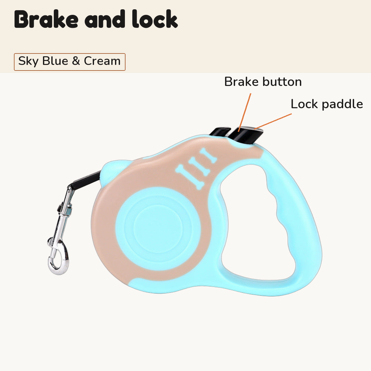Sky Blue and Cream retractable dog leash with callouts for the brake button and the lock paddle
