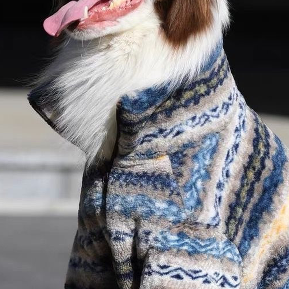 Close-up of the collar and chest of the blue and grey striped fleece dog coat