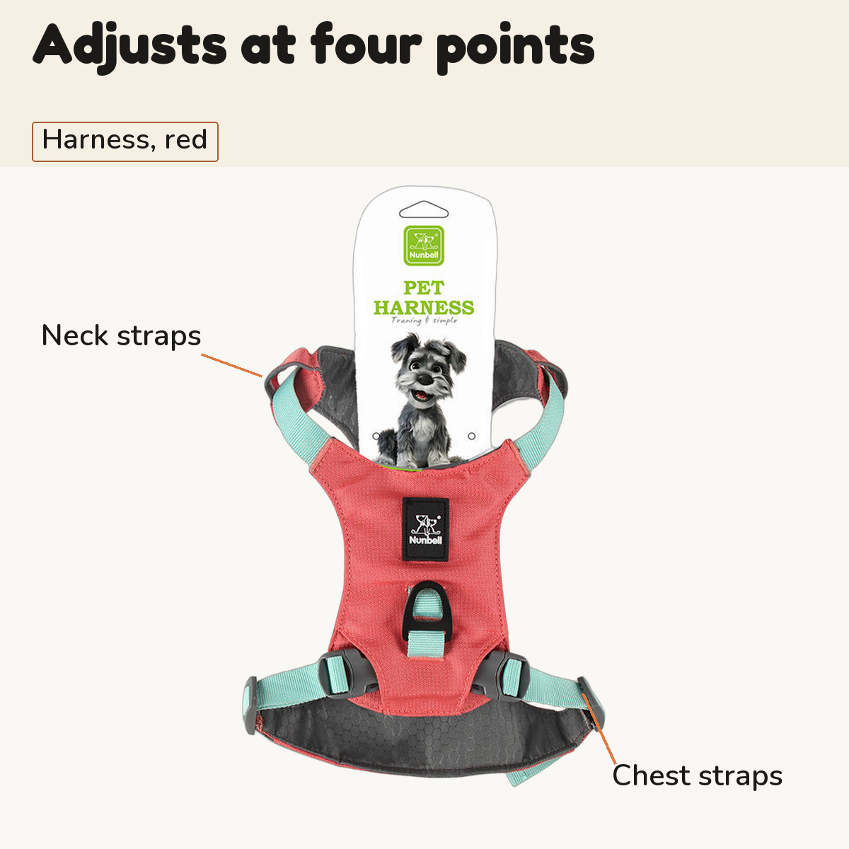 Red lightweight dog harness with callouts for the adjustable neck straps and chest straps