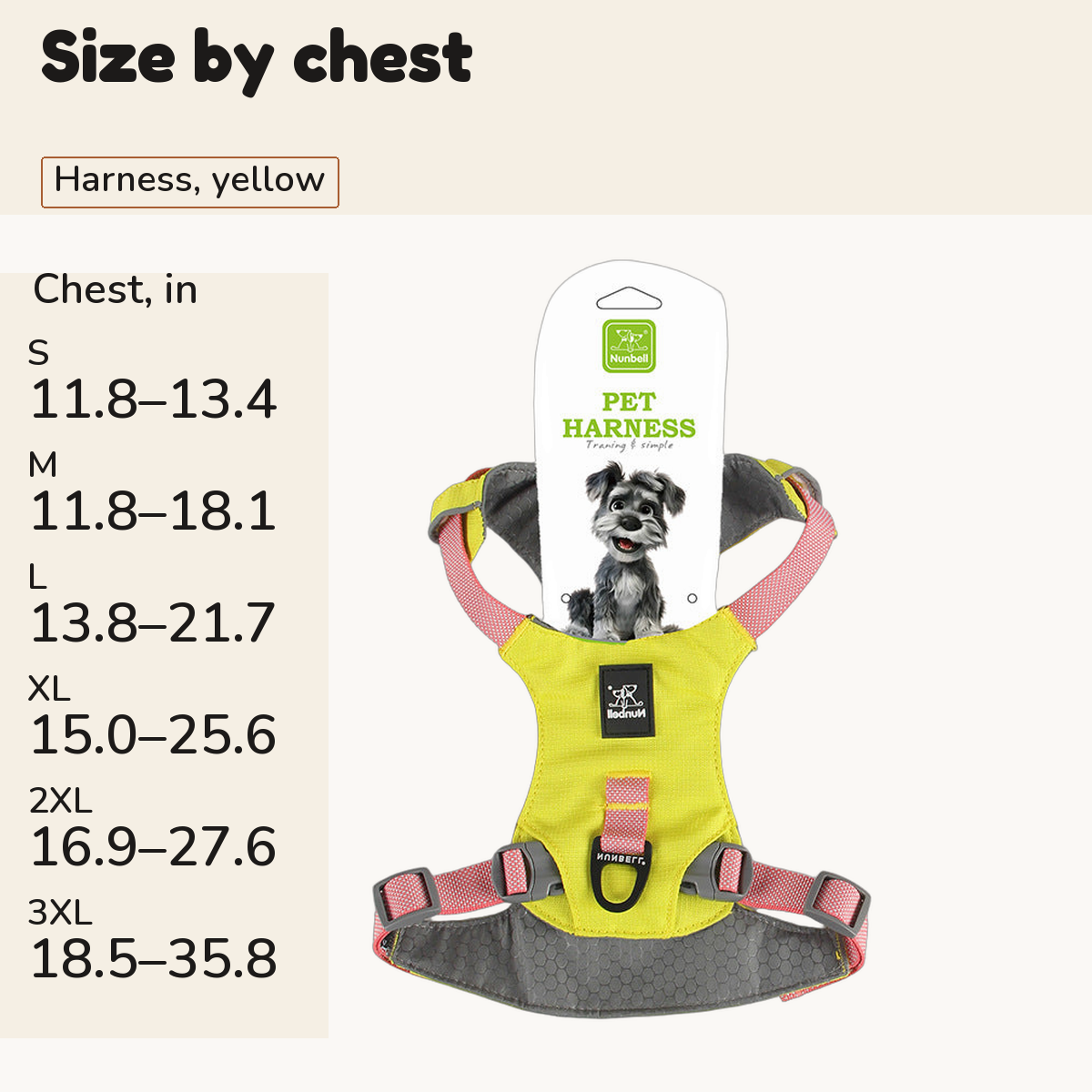 Yellow lightweight dog harness beside a chest size chart in inches from S to 3XL