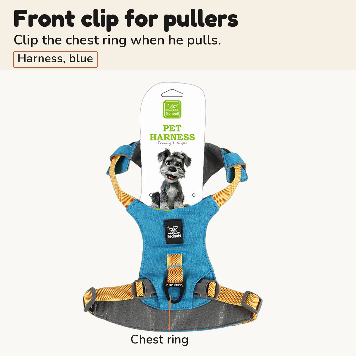 Blue lightweight dog harness with a callout for the chest leash ring, a front clip for dogs that pull