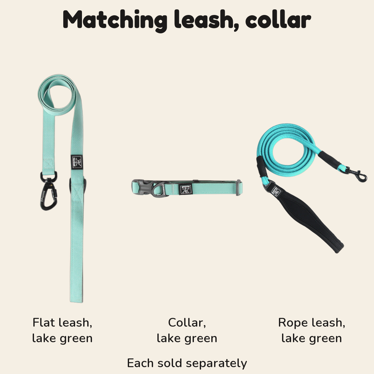 Matching lake green flat leash, collar and rope leash for the lightweight dog harness, each sold separately