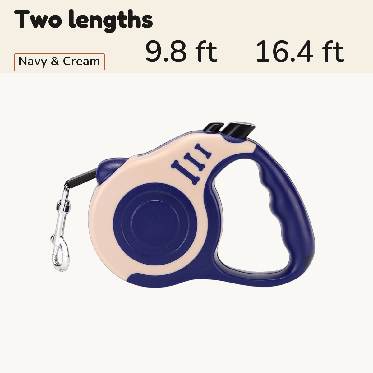 Navy and Cream retractable dog leash, available in 9.8 ft and 16.4 ft lengths
