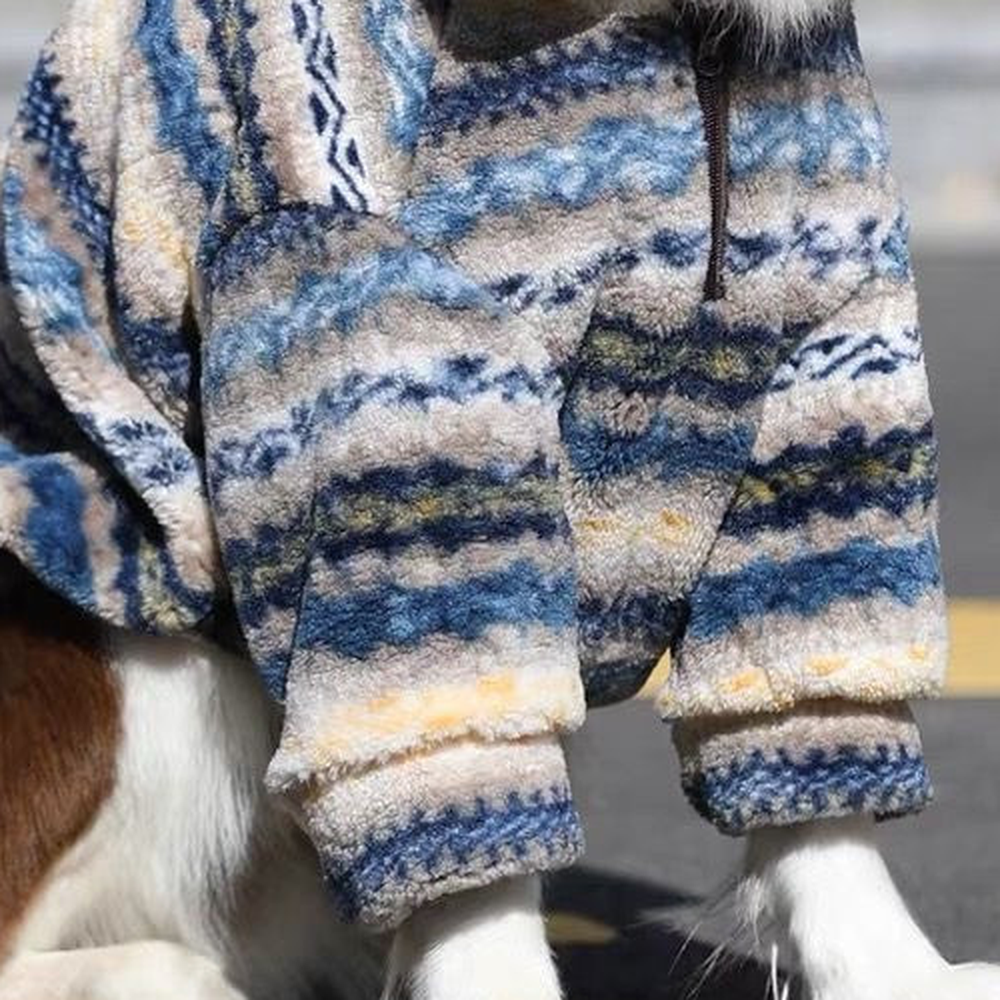 Close-up of the ribbed sleeve cuffs on the blue and grey striped fleece dog coat