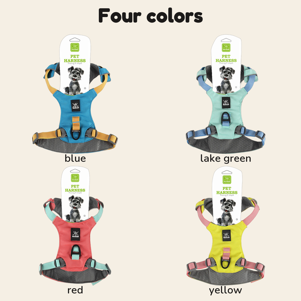 Lightweight dog harness colour chart: blue, lake green, red and yellow