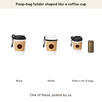 Poop-bag holder shaped like a coffee cup: Black, White, With a roll of bags