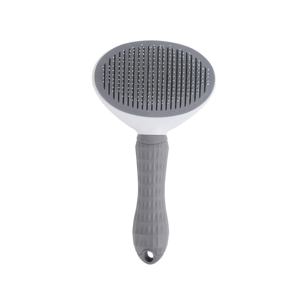 Grey self-cleaning dog slicker brush, white background