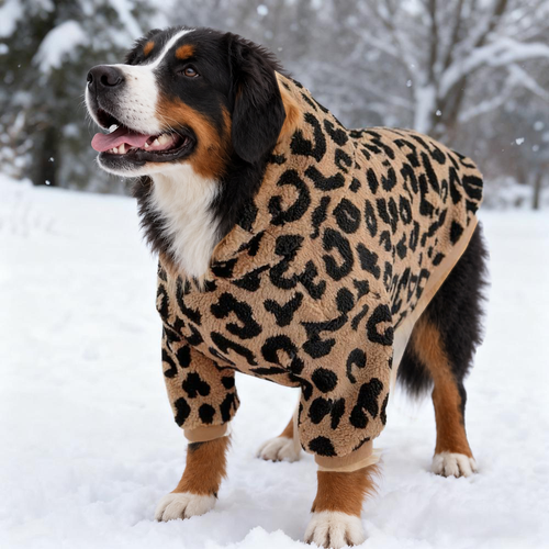 Bernese mountain dog standing in snow in the leopard print lamb wool dog hoodie, side view