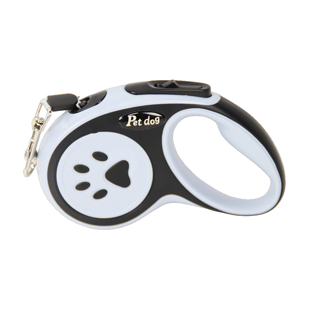 Black and white retractable dog leash with a paw print on the case, white background