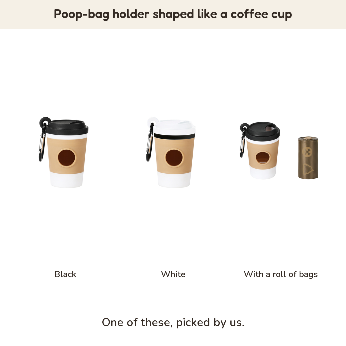 Poop-bag holder shaped like a coffee cup: Black, White, With a roll of bags