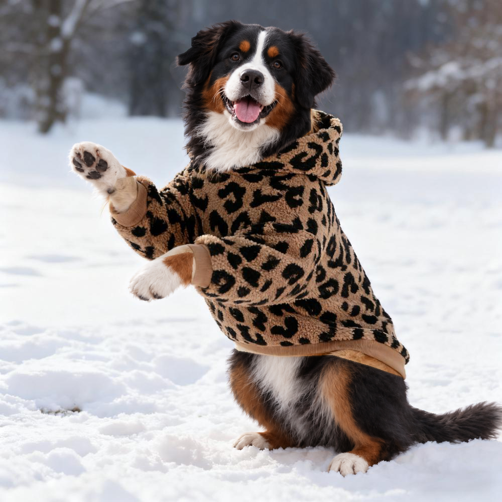 Bernese mountain dog sitting in snow with one paw raised, wearing the leopard print dog hoodie