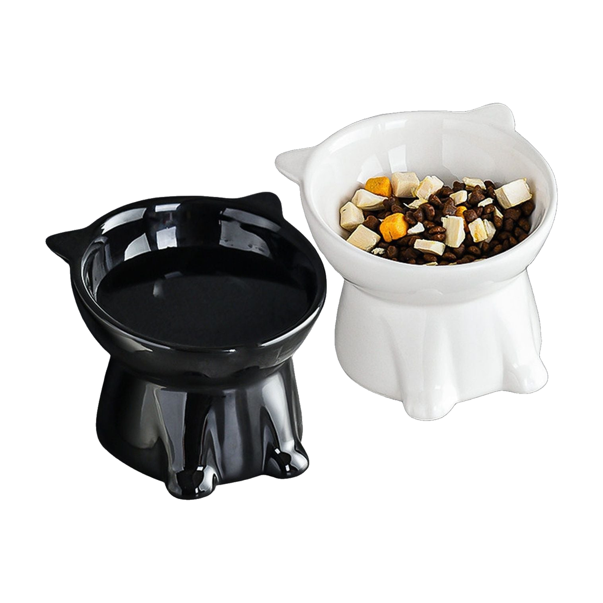 Black and white tilted raised pet bowls with ear-shaped rims, white background