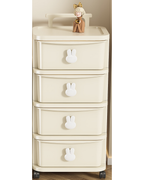 Cream rolling storage cabinet with four drawers and a top handle, standing in a room