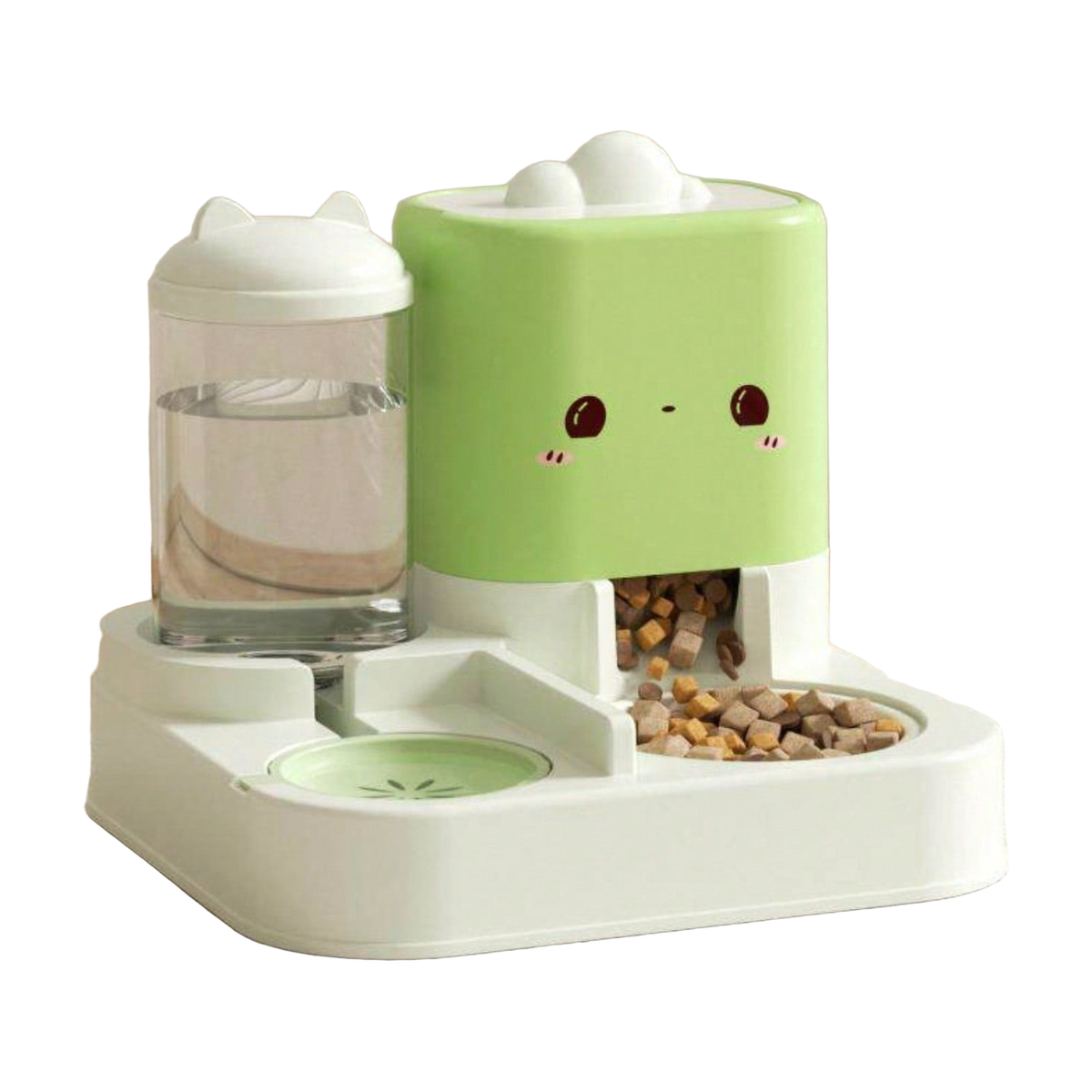 Green and white gravity pet feeder and water dispenser 2-in-1, white background