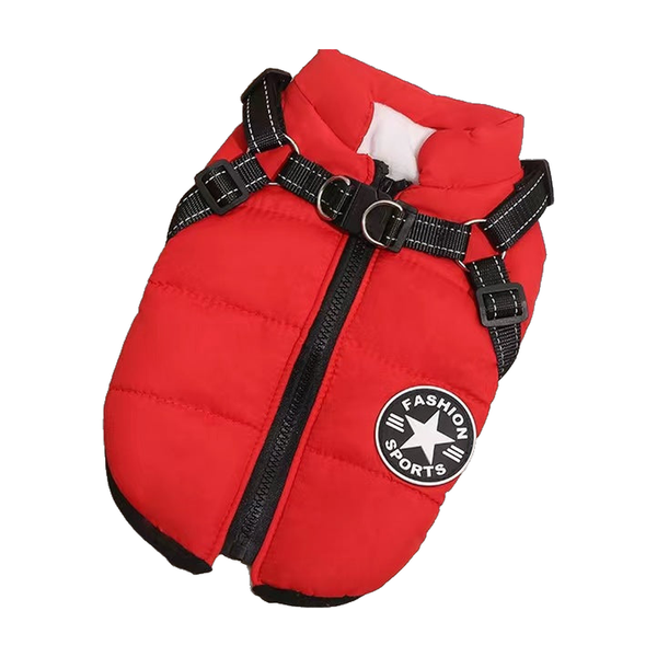 Red padded dog vest with a built-in black harness and back zip, white background