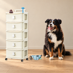Bernese mountain dog sitting beside the cream five-drawer storage cabinet, with a poop bag holder and slicker brush on top and a treat pouch on the floor