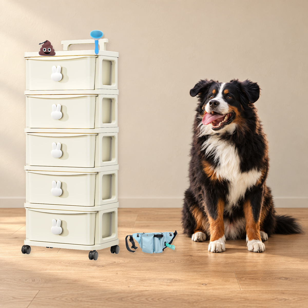 Bernese mountain dog sitting beside the cream five-drawer storage cabinet, with a poop bag holder and slicker brush on top and a treat pouch on the floor
