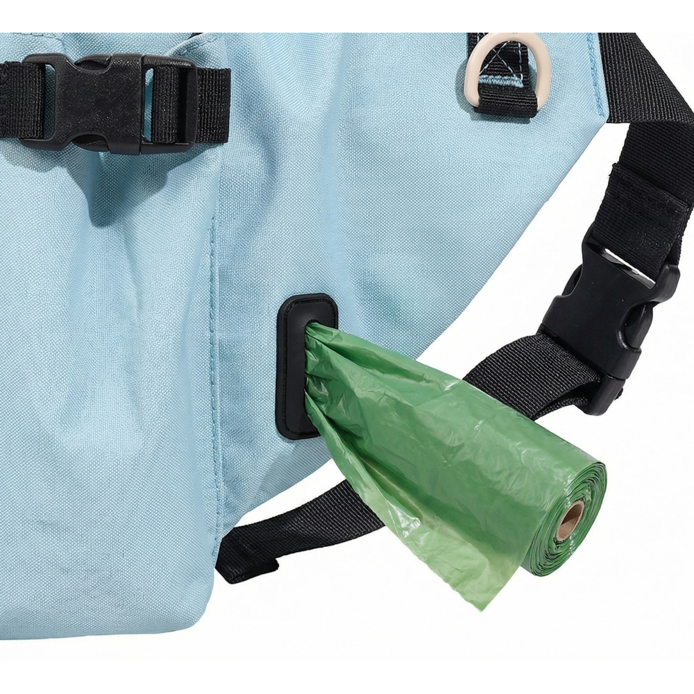 Close-up of the waste bag outlet and side buckle on the sky blue dog walking waist bag