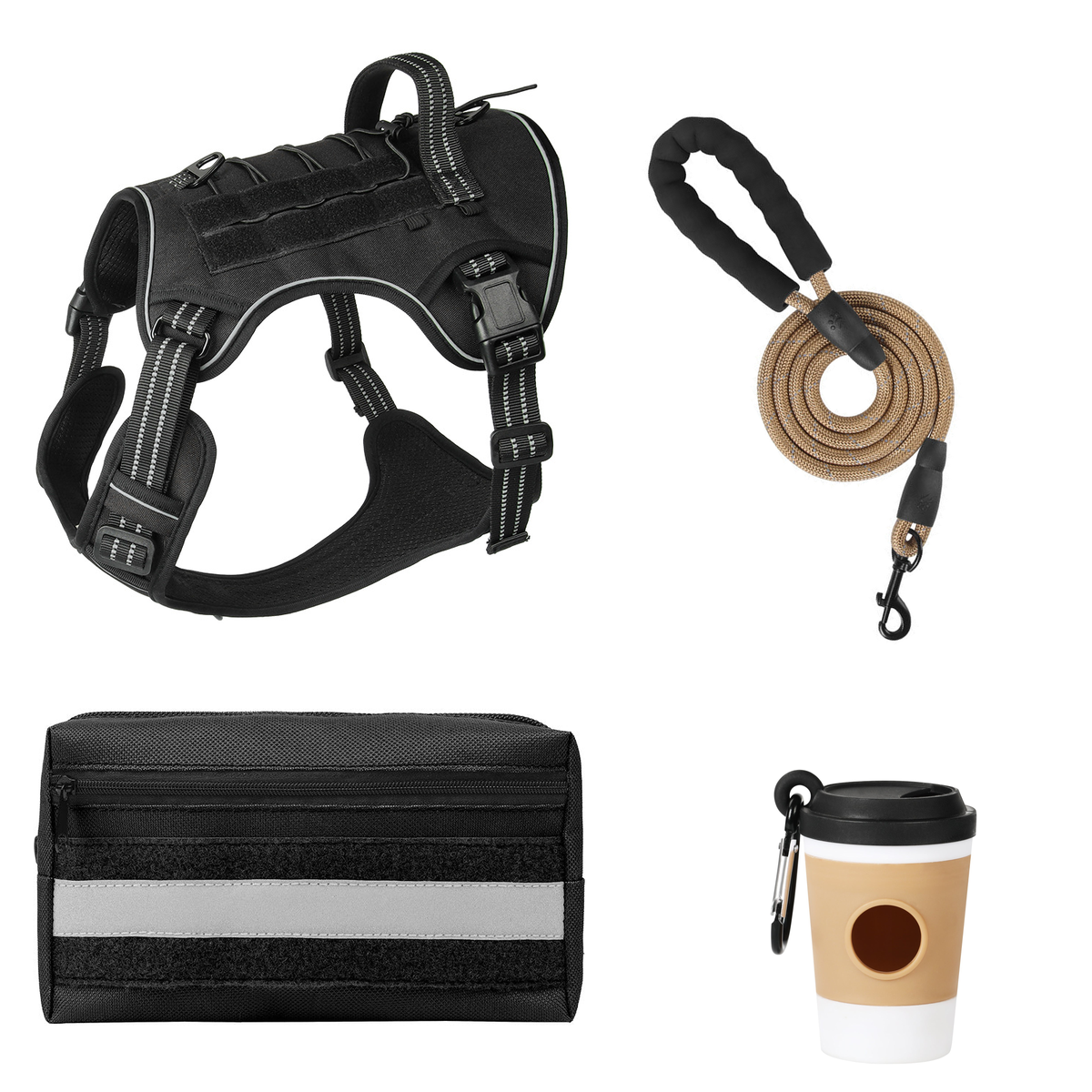 One possible set: Black tactical harness, Khaki rope leash, Black wide pouch and Black coffee-cup holder.