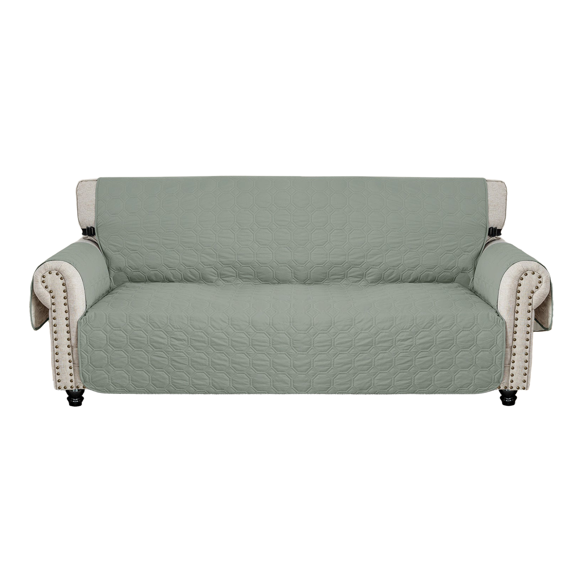 Mint green waterproof quilted dog sofa cover fitted on a three-seat sofa, white background