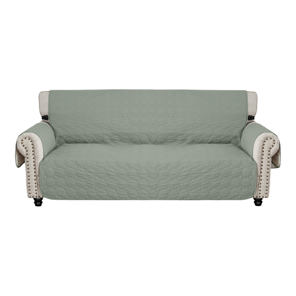 Mint green waterproof quilted dog sofa cover fitted on a three-seat sofa, white background