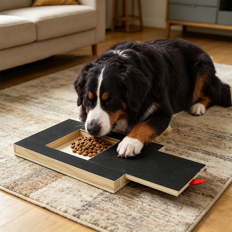 Bernese mountain dog lying on a rug with one paw on the black sanding surface of a wooden nail scratch board, eating from its treat tray