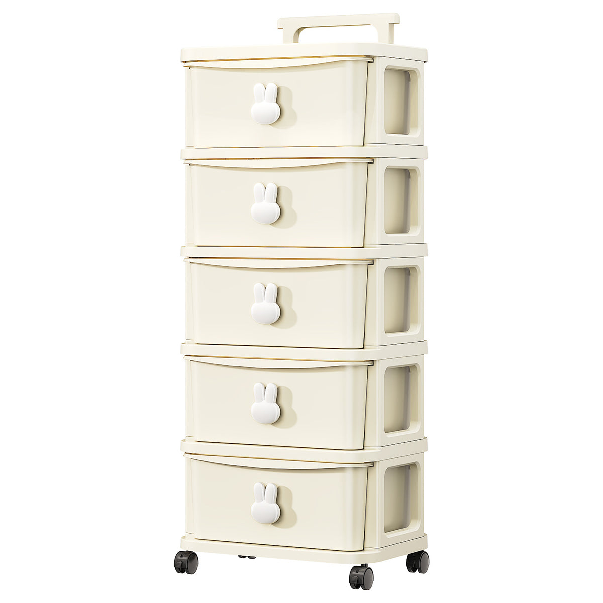 Cream rolling storage cabinet with five drawers, a top handle and wheels, white background
