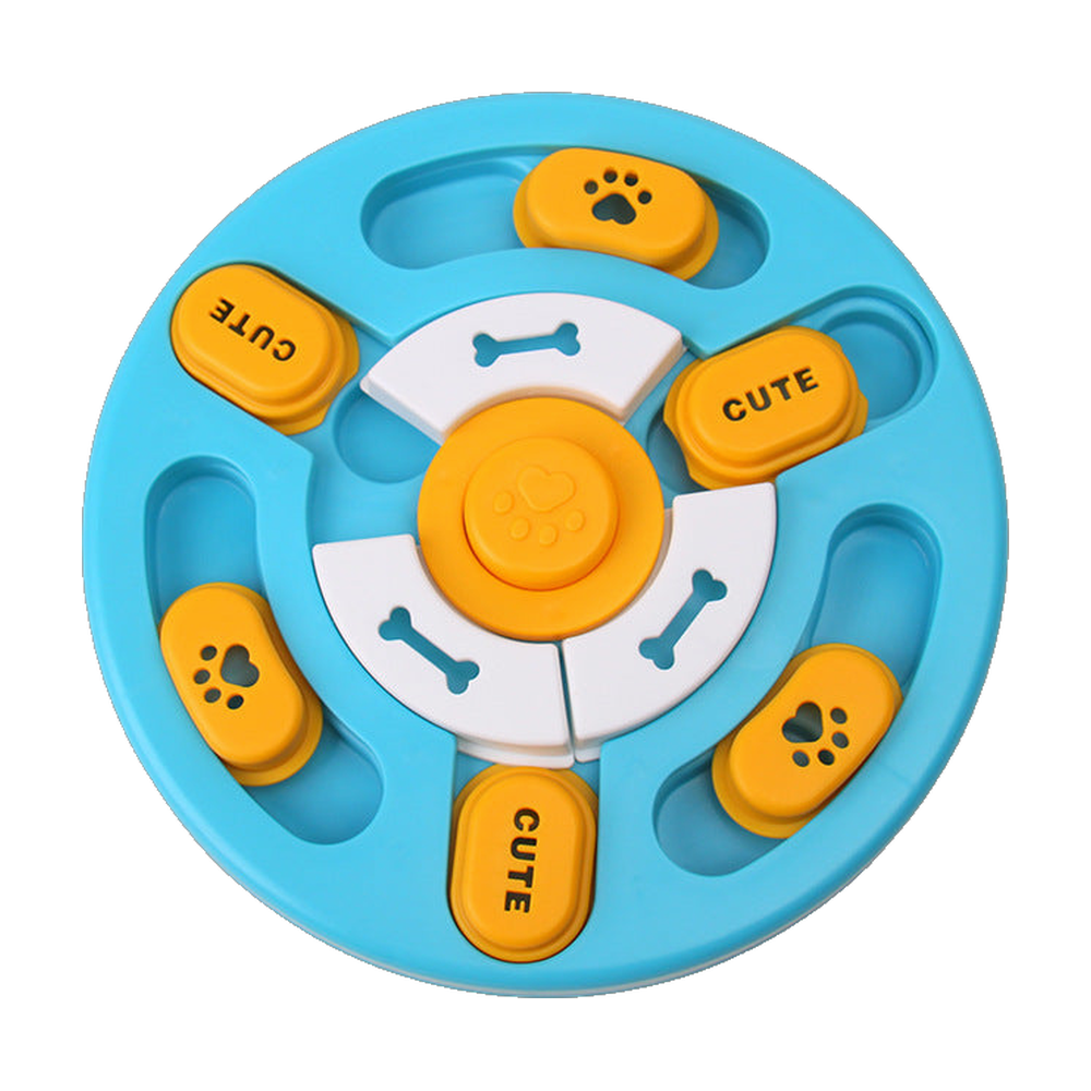 Round blue dog puzzle feeder with orange flip lids and a spinning centre, white background