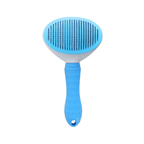 Blue self-cleaning dog slicker brush with an oval pin head and grip handle, white background