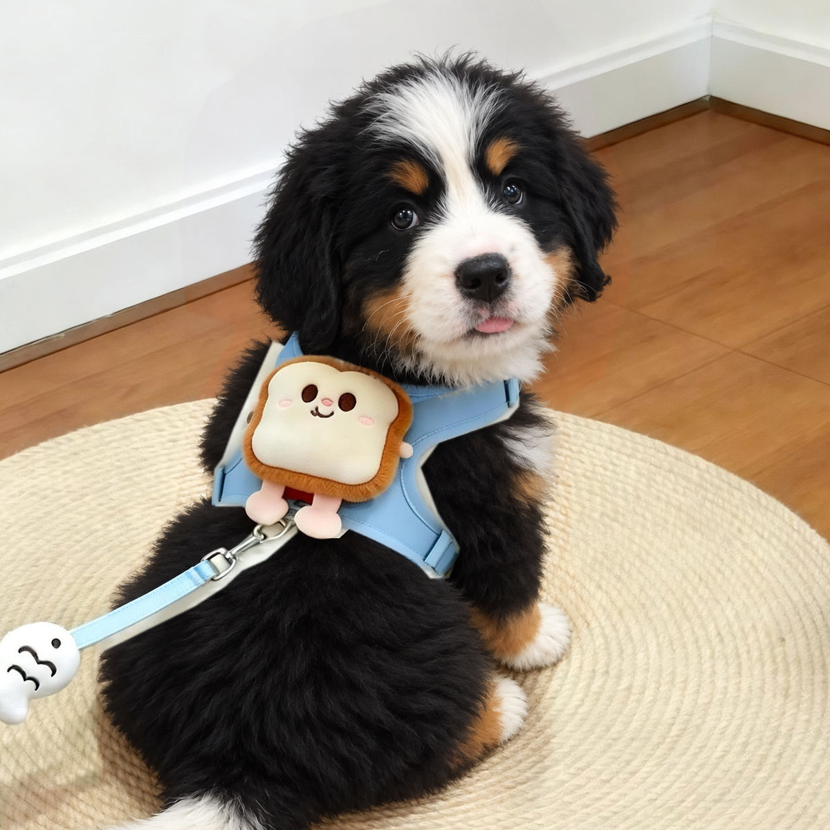 Bernese mountain dog puppy sitting on a woven mat indoors in the pale blue harness with the toast charm