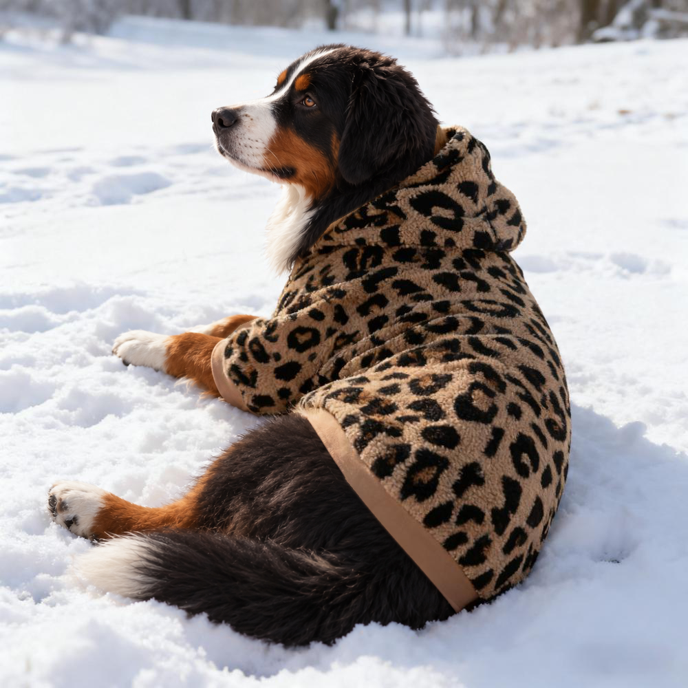 Bernese mountain dog lying in snow seen from behind, showing the back and hood of the leopard print dog hoodie