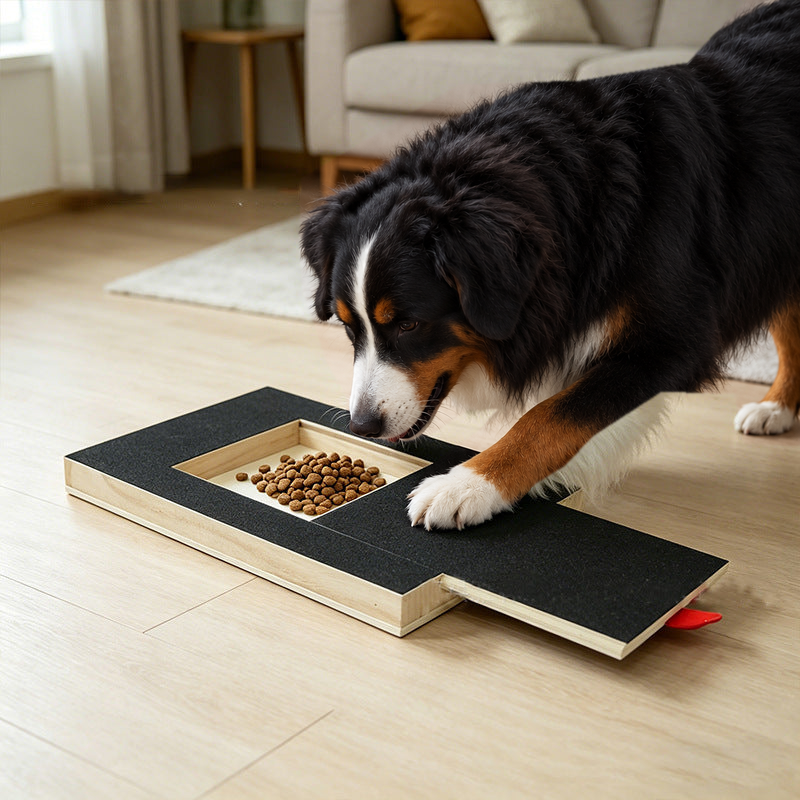 Bernese mountain dog with one paw on the black sanding surface of the nail scratch board, eating kibble from its treat tray