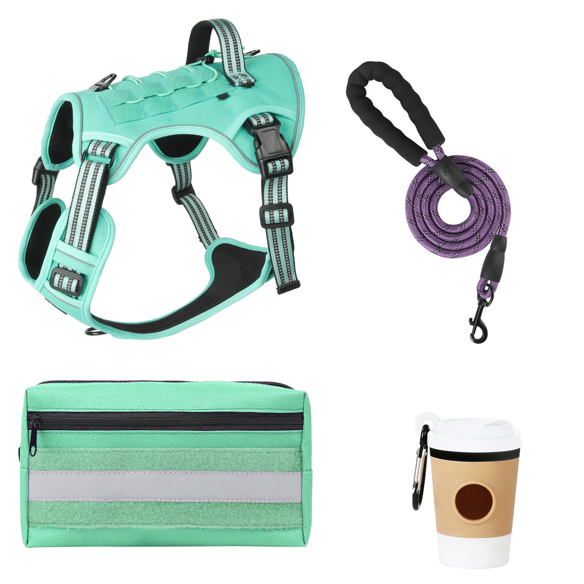 One possible set: Turquoise tactical harness, Purple rope leash, Turquoise wide pouch and White coffee-cup holder.