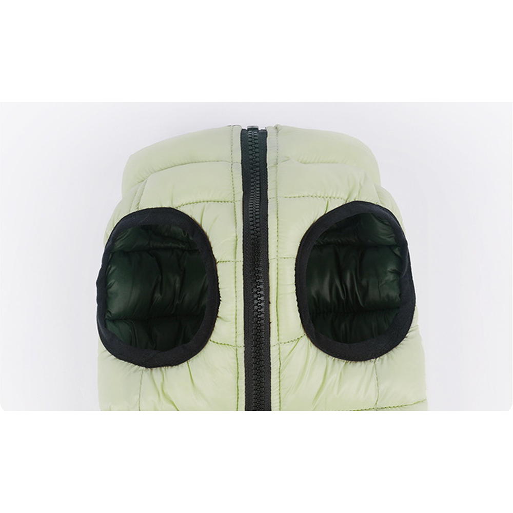Underside of the reversible padded dog vest showing the two leg openings and centre zip
