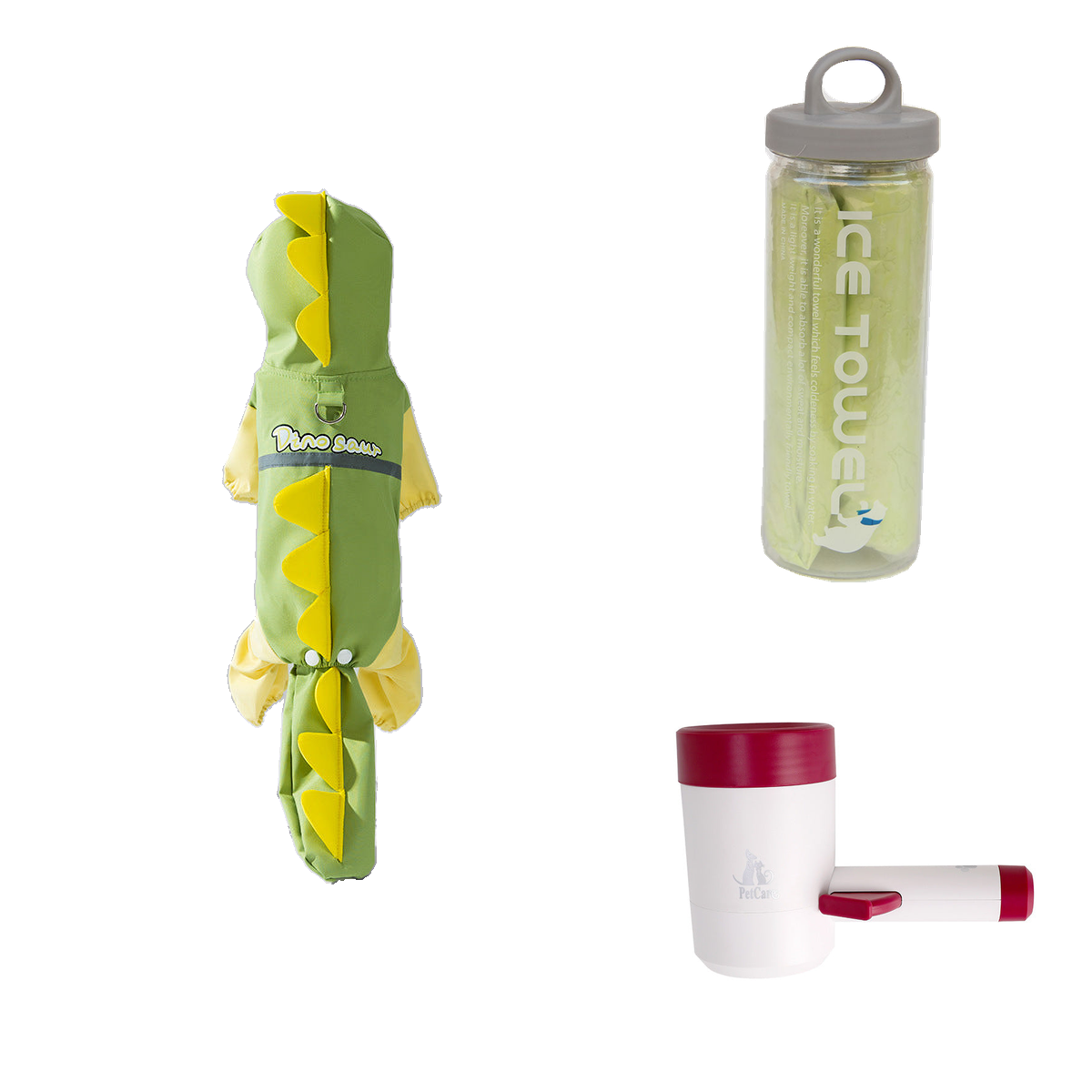 One possible set: Green dinosaur raincoat, Grass green drying towel and Burgundy paw washer cup.